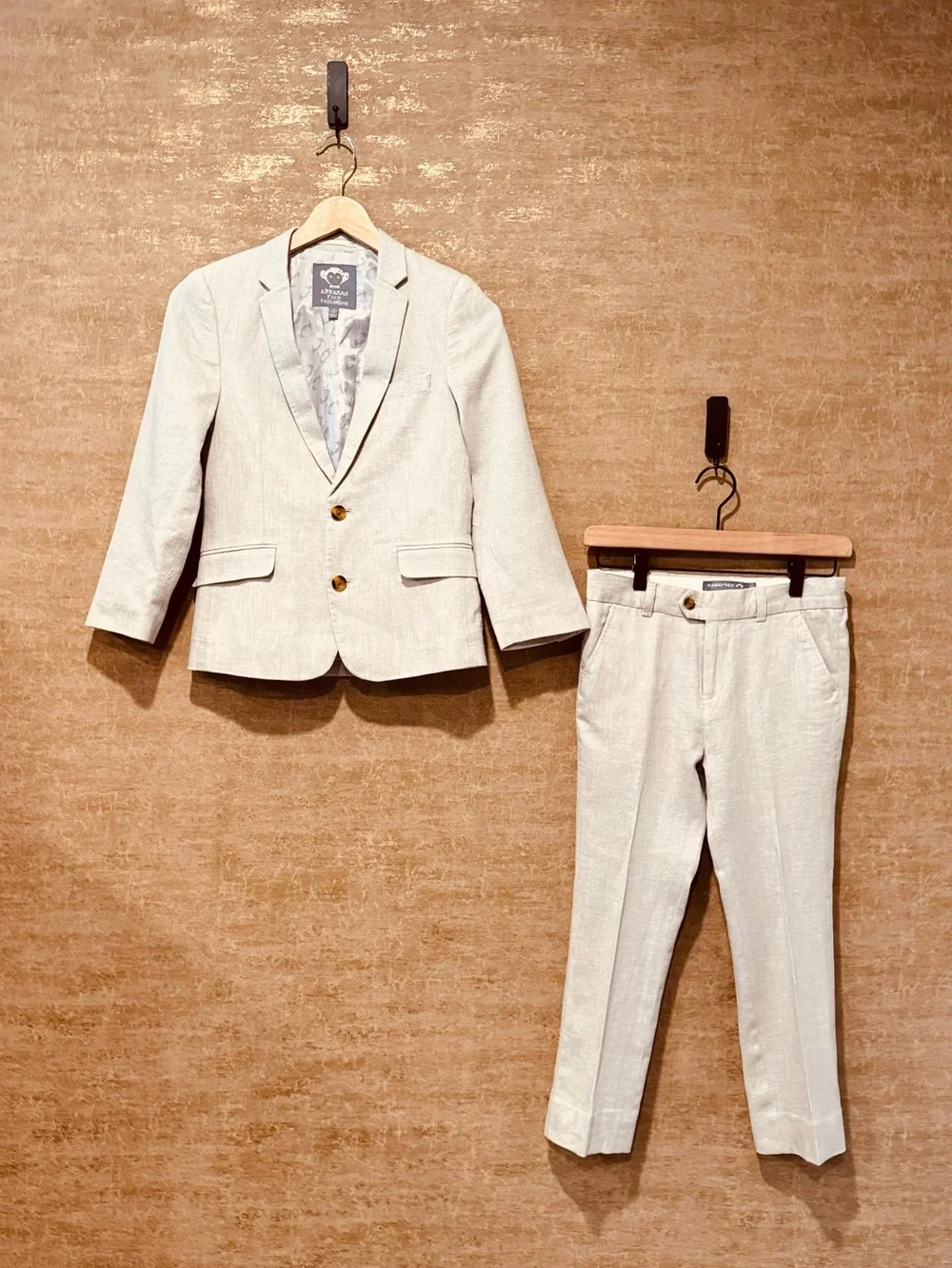 Kids Linen Sand Stretchy Mod Suit - Blazer and Trousers Set - Classic Neutral